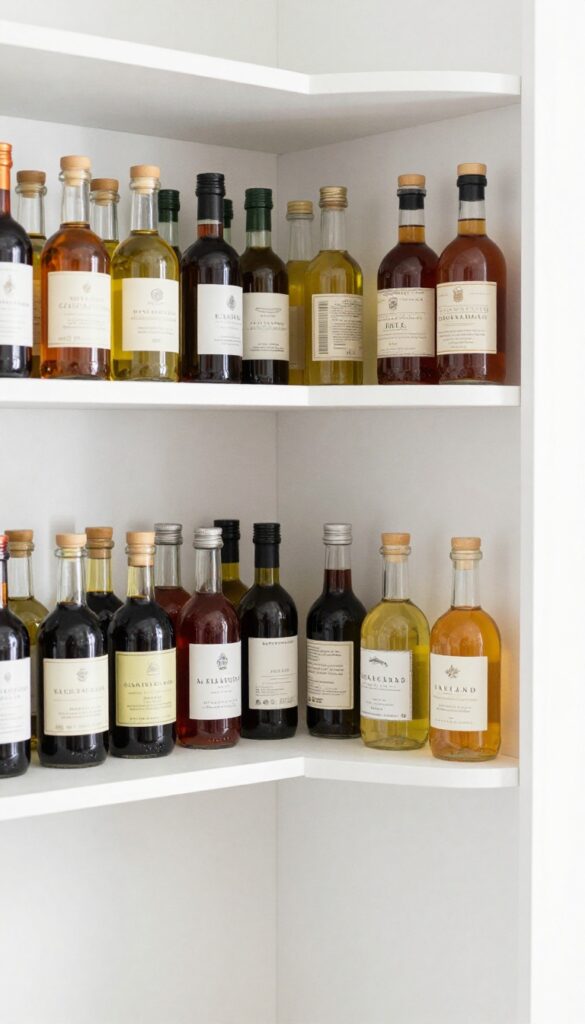 A Lazy Susan in a corner cabinet shelf holding neatly arranged bottles of oils and vinegars, with natural light illuminating the organized pantry.