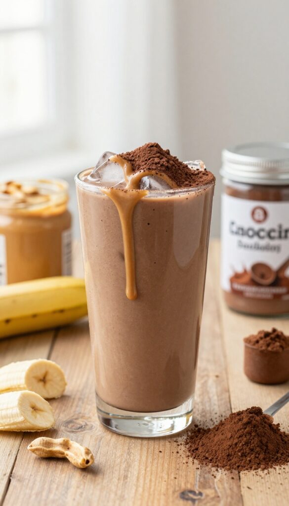 Chocolate peanut butter protein smoothie in a glass with ingredients on a wooden table