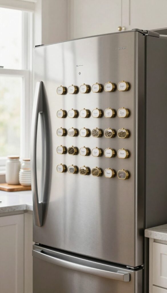 Stainless steel fridge with magnetic spice tins in brushed brass attached to the side, bright kitchen setting.
