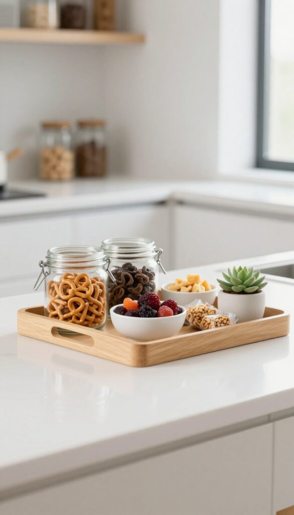 A wooden tray on a kitchen counter with pretzels, dried fruit, granola bars, and a succulent in soft natural light.