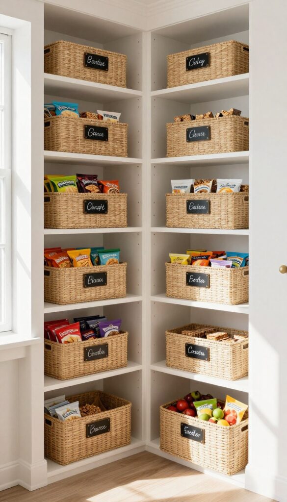 Corner pantry with snack station: woven baskets with chalkboard labels on open shelves, natural light, organized snacks.