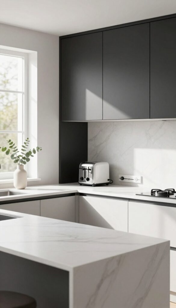 Modern kitchen with matte black appliance garage hiding toaster and coffee maker, clean countertops, natural light