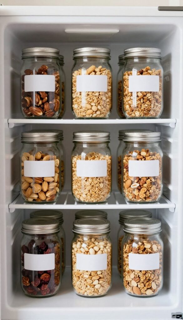 Dorm fridge interior with labeled mason jars filled with dry goods