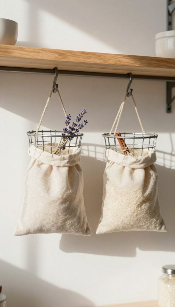 Under-shelf wire baskets holding cloth bags of rice in a bright pantry