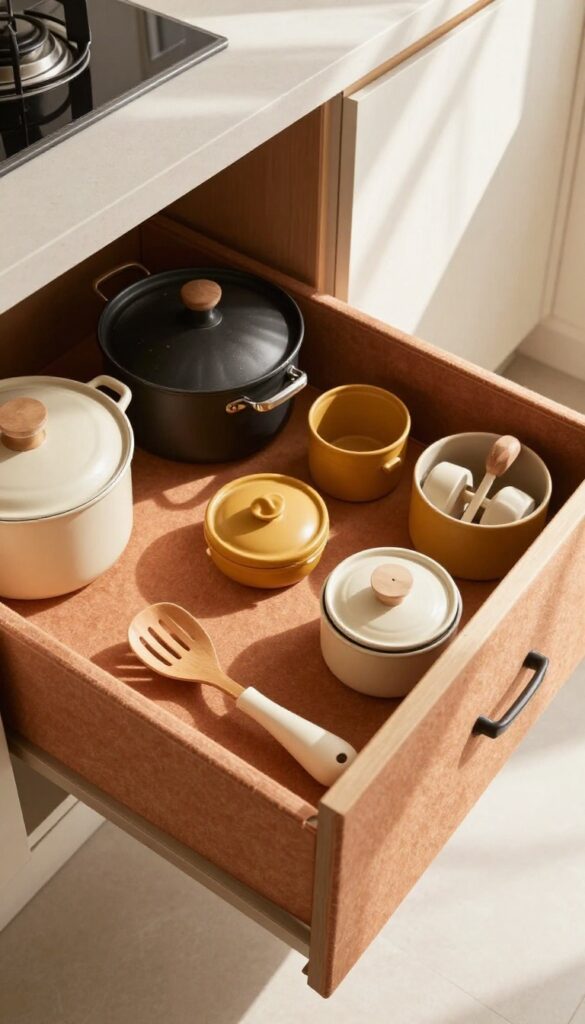 Deep kitchen drawer lined with terracotta felt fabric, containing pots, pans, and small fabric organizers in warm tones, bathed in natural light.