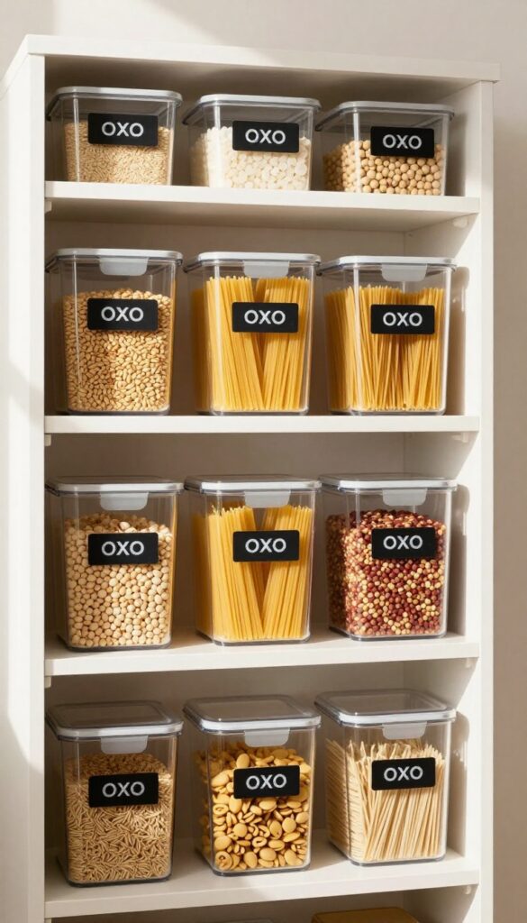 A neatly organized pantry with clear OXO containers and uniform chalkboard labels, bathed in natural light.
