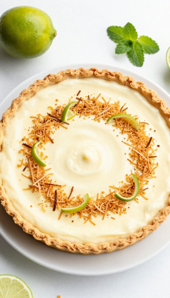 Keto coconut lime cream pie slice on white plate with toasted coconut and lime zest garnish.