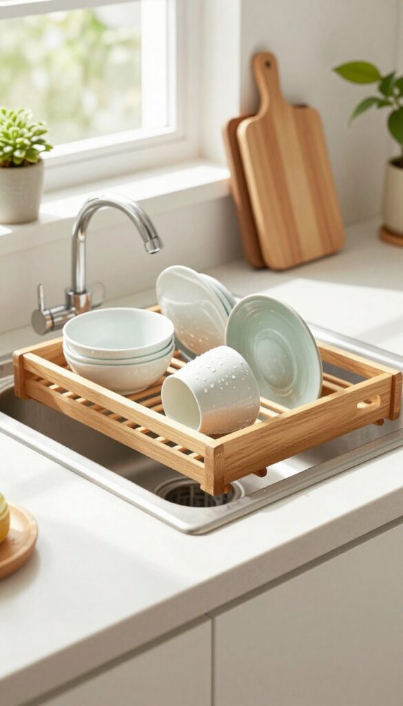 Over-the-sink drying rack in a small kitchen with dishes drying, clear counter, and natural light