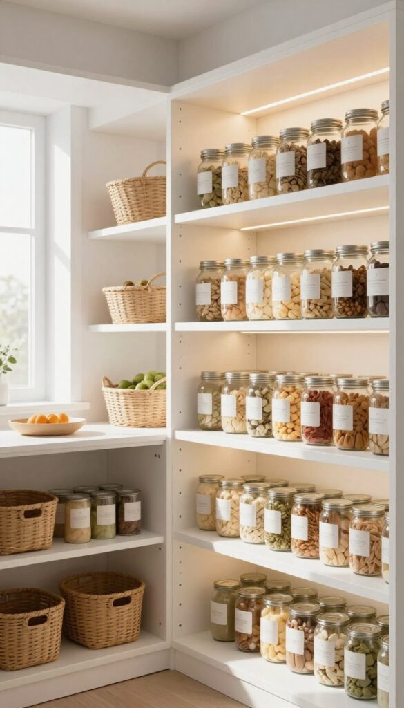 Warmly lit wire shelf pantry with LED strips under shelves, glass jars and baskets neatly arranged, cozy glow.
