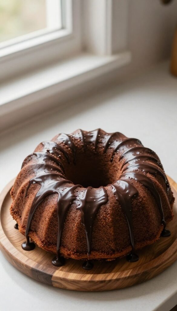 Gluten free chocolate bundt cake with ganache on a wooden stand in a cozy kitchen