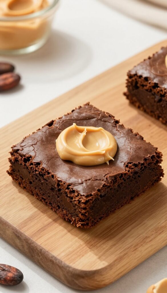 Peanut butter swirl keto brownie on a wooden board with natural light