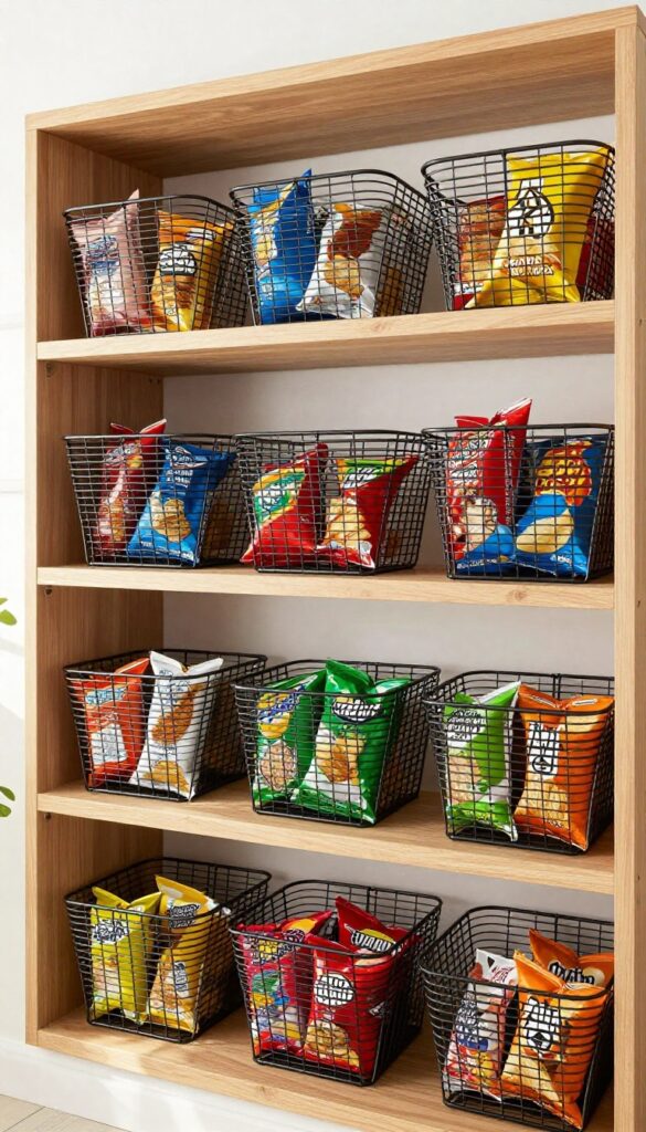 Stackable wire baskets on open pantry shelves holding chip bags, bright natural light, clean composition
