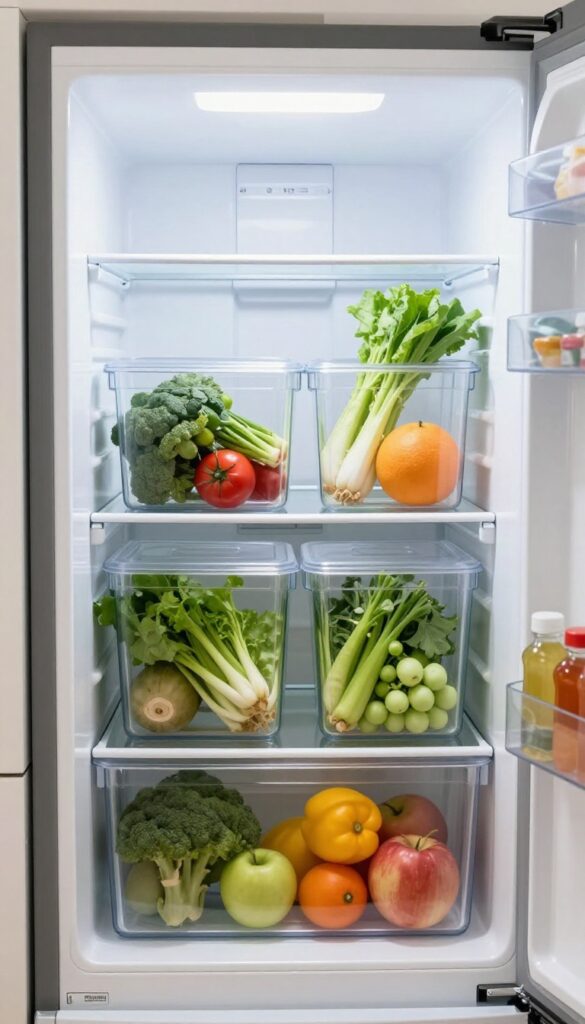 Clear plastic bins organizing a refrigerator with fresh produce, natural light, and tidy shelves.