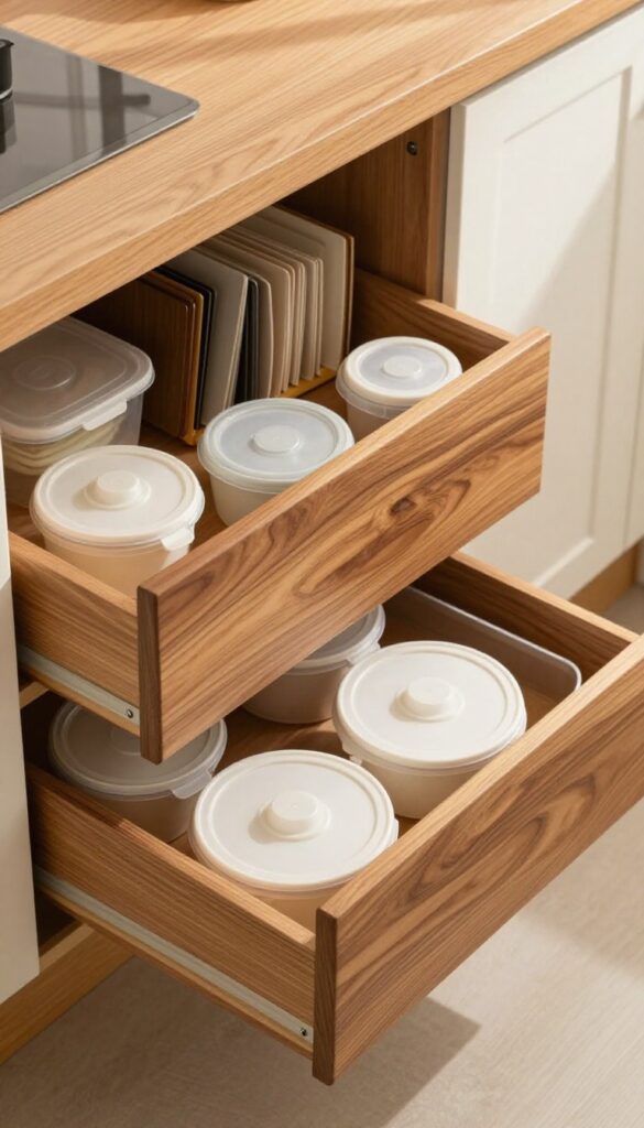 A deep kitchen drawer with custom wooden dividers organizing baking sheets and lids in warm natural light.