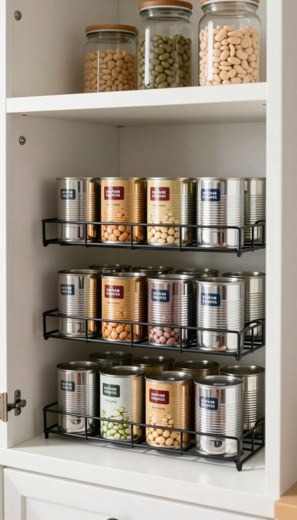 Stackable can racks on a pantry shelf holding cans of beans and sparkling water, organized and visible.