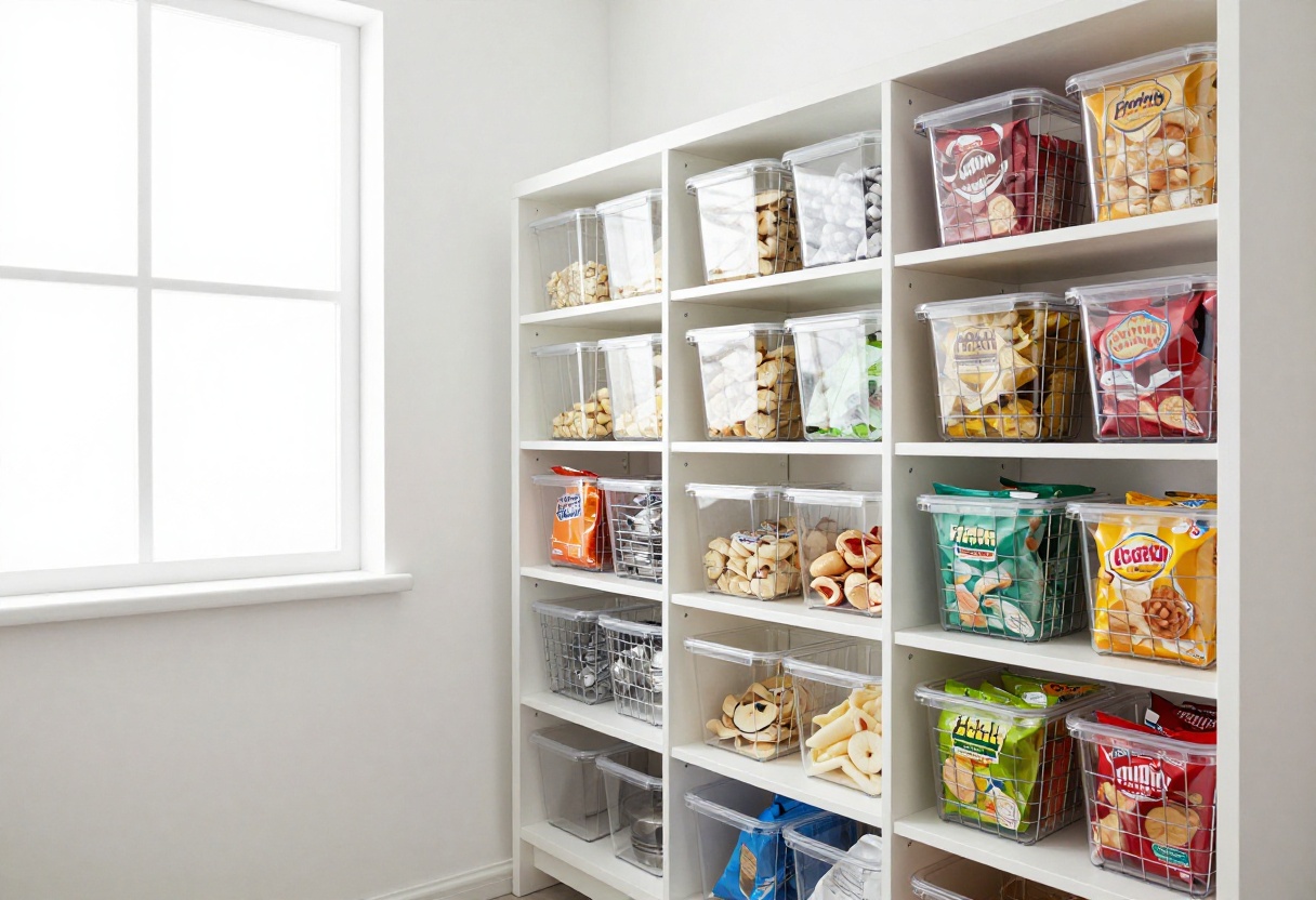 Modern pantry shelves organized with clear bins and wire baskets holding chip bags in a bright kitchen.