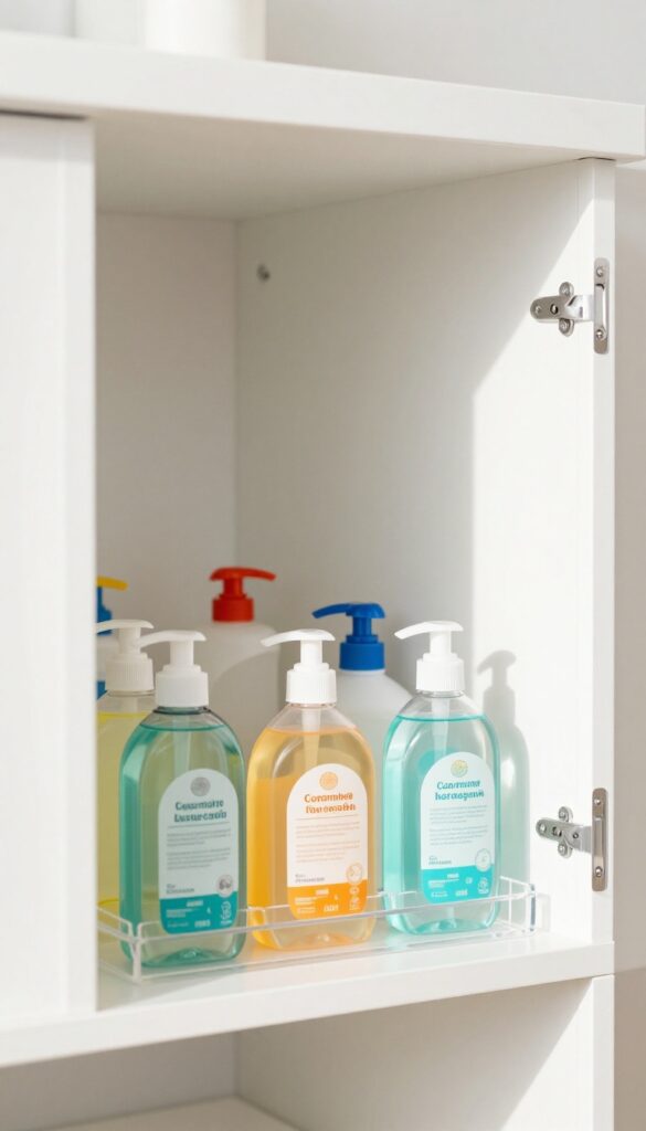 Under sink cabinet with clear acrylic lazy Susan holding colorful cleaning bottles, bright natural light, organized interior