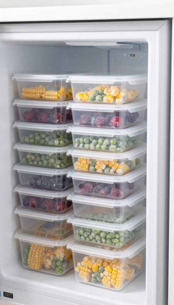 Clear IKEA PRUTA boxes stacked in a freezer, filled with frozen vegetables and fruits, neatly organized.