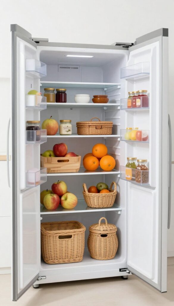 Fridge shelves organized with wooden bins and rattan baskets for warm, layered food storage.