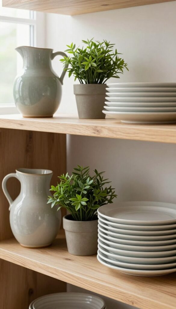 Kitchen shelf with items at varying heights: tall pitcher, medium riser with plant, low stack of plates, natural light, neutral colors.