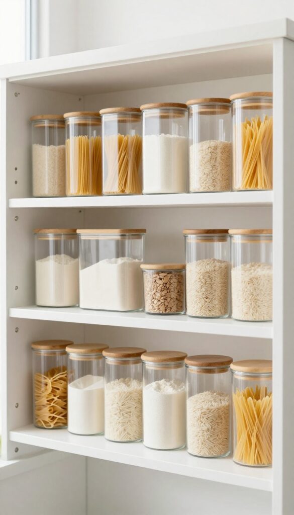 Clear uniform containers for dry goods on a pantry shelf