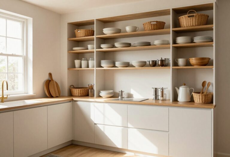 Cozy organized kitchen cabinets with neatly arranged dishes and woven baskets