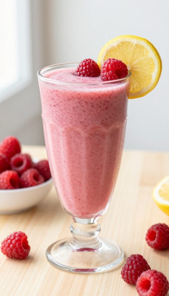 A glass of raspberry lemon smoothie with fresh raspberries and lemon slice on the rim, set on a wooden table with natural light.