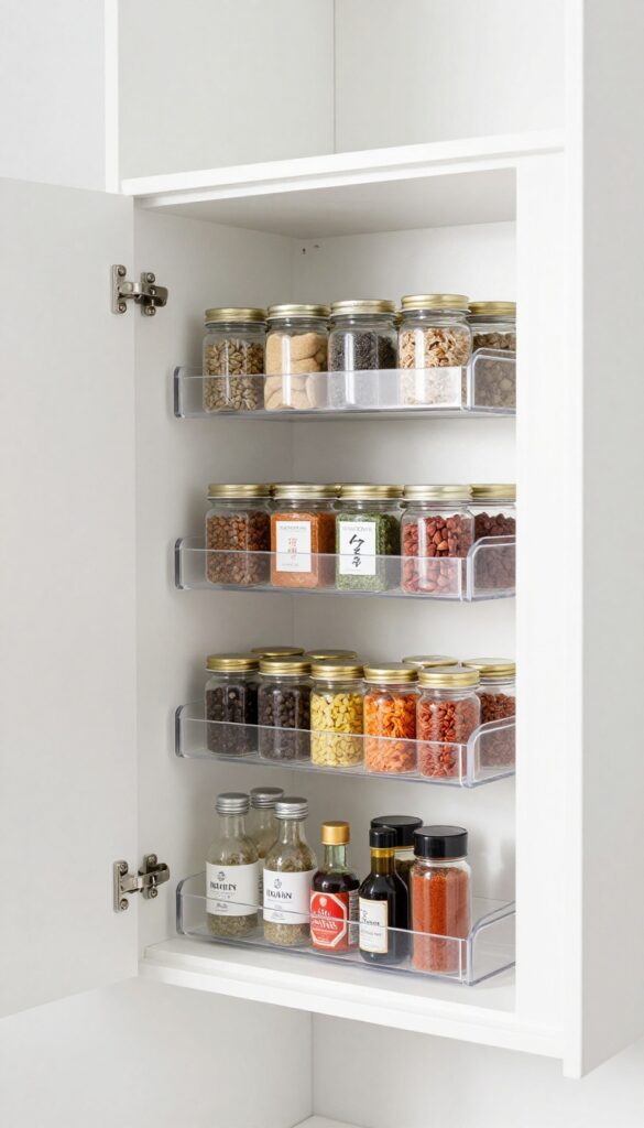 White pantry door with clear acrylic over-the-door rack holding organized spice jars and condiments, bright natural light, clean and airy interior design.