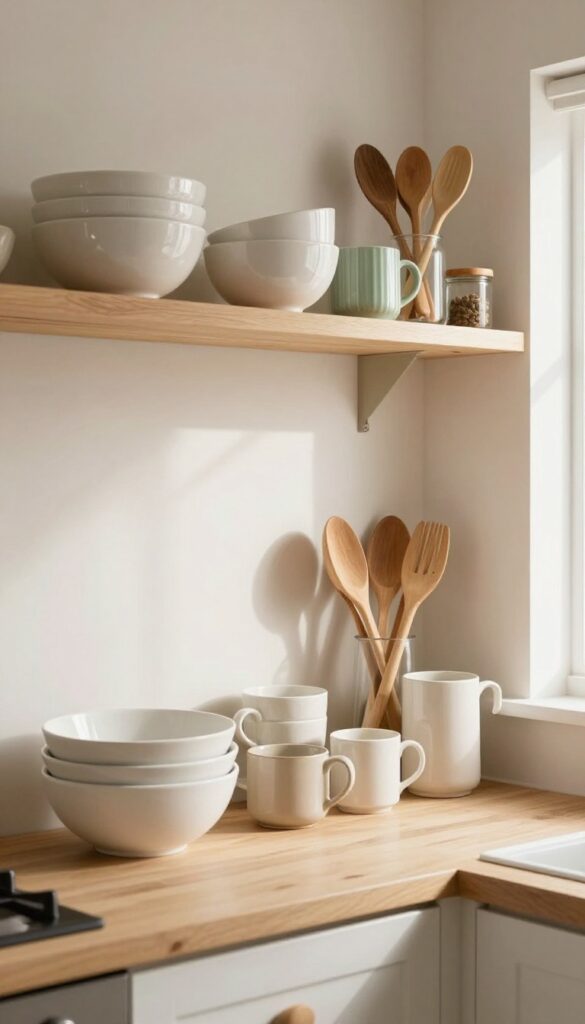 Open kitchen shelf with neatly arranged everyday items like mugs, bowls, and spices at eye level, styled with warm earth tones and natural light.