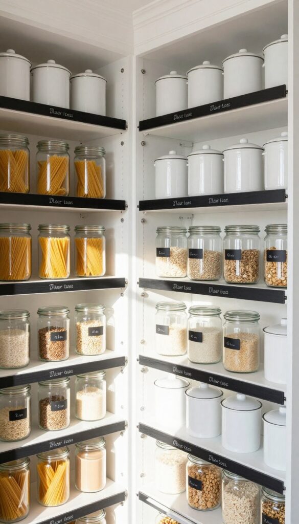 Organized pantry with labeled clear jars and canisters using chalkboard stickers in natural light