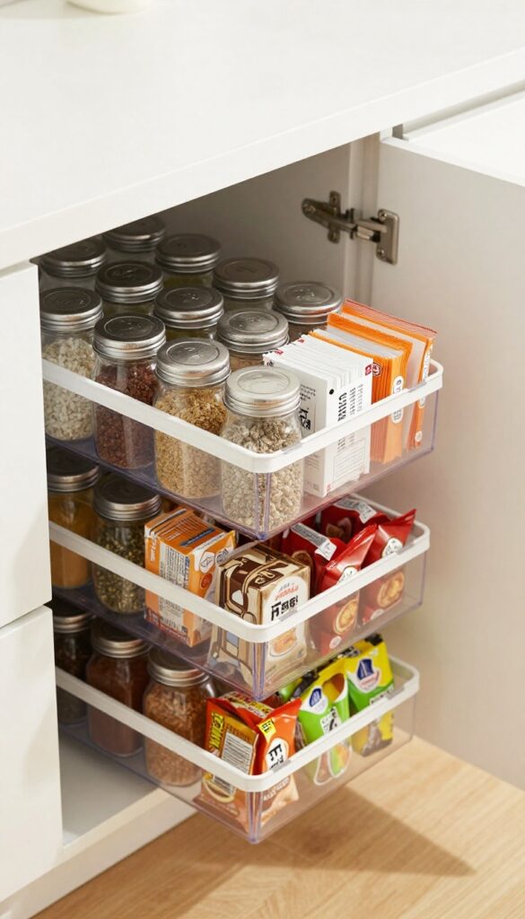 Slim over-the-door organizer with clear pockets on pantry door holding spices, condiments, and snacks
