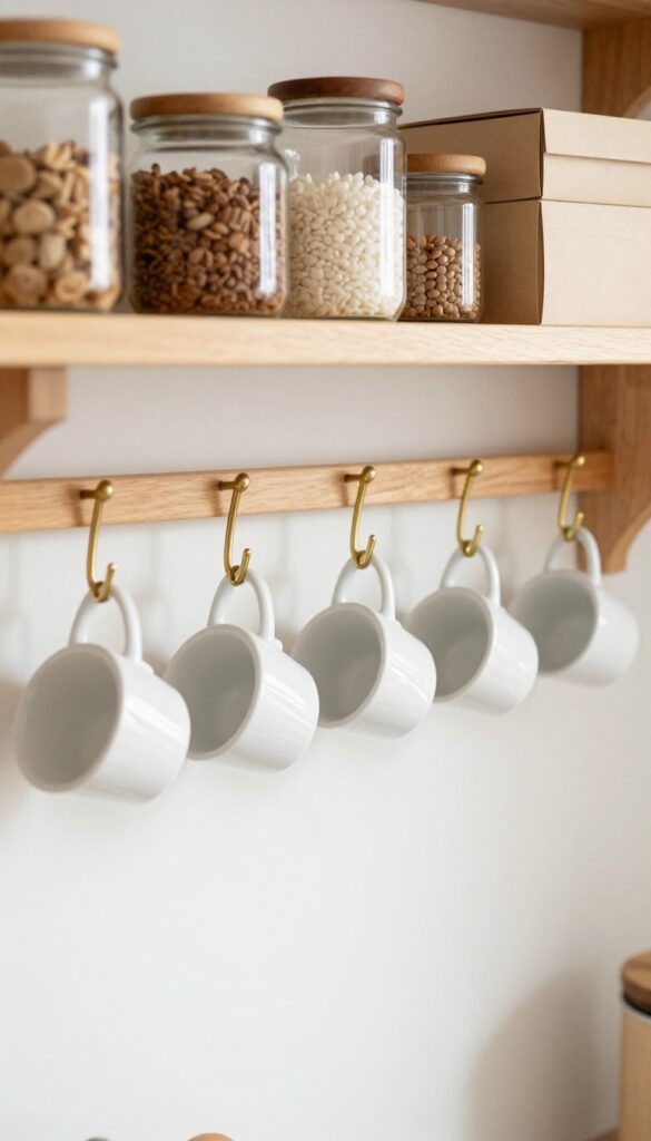 Pantry shelf with hooks underneath holding mugs and utensils