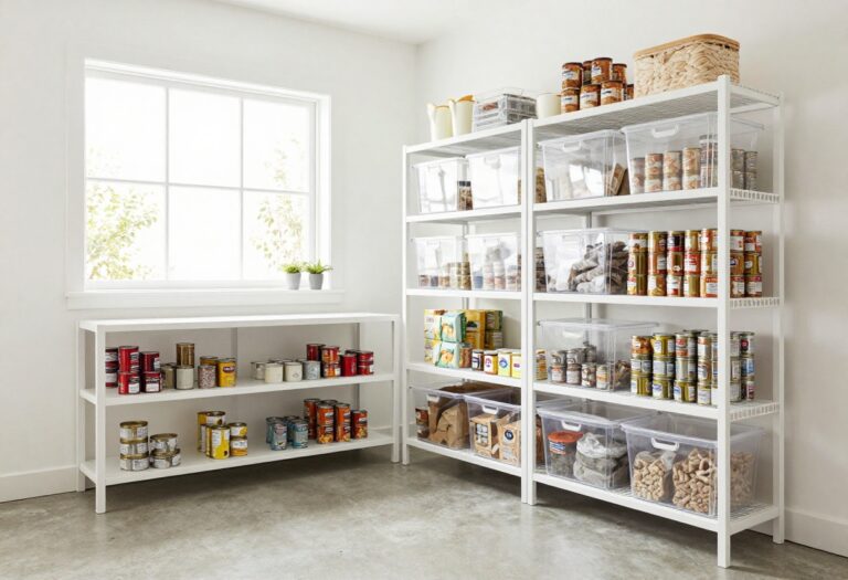 Modern garage pantry with white wire shelves and clear bins