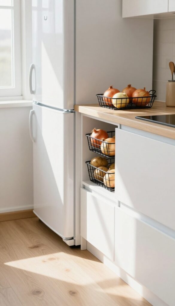 Slim black wire basket in narrow gap beside refrigerator, filled with onions and potatoes, bright natural light, clean kitchen interior.