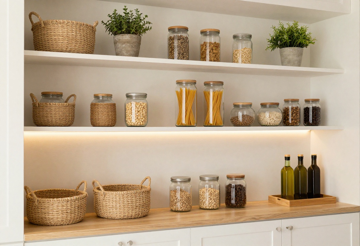 Cozy pantry cupboard with woven baskets, glass jars, and warm lighting