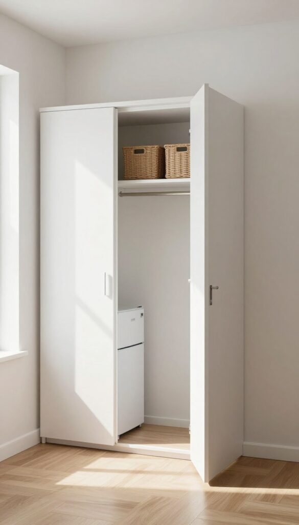 Mini fridge hidden inside a bedroom closet, with baskets above, creating a clean and organized look.