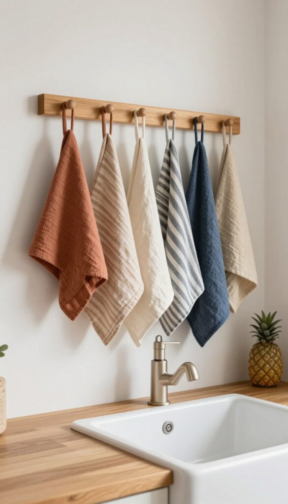 Wall-mounted peg rail with layered kitchen towels in earthy tones
