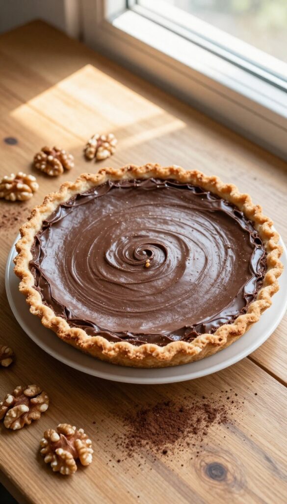 Slice of vegan chocolate avocado cream pie with nut crust on a white plate, wooden table, natural sunlight, walnuts and cocoa powder garnish.