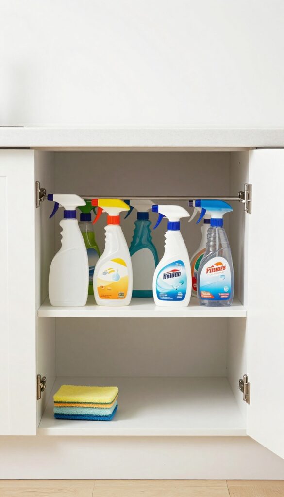 Under-sink cabinet with tension rod holding spray bottles vertically, organized storage