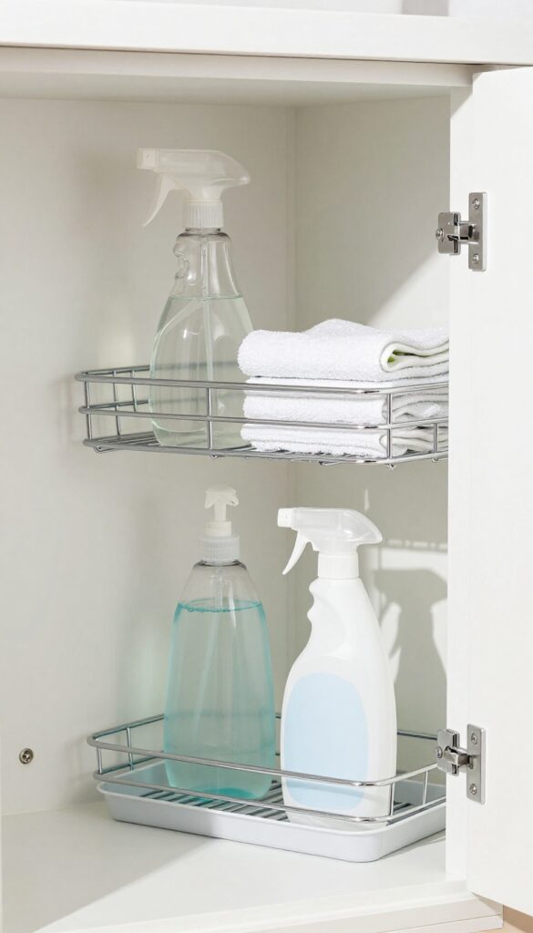 Under-sink cabinet with a chrome wire shelf organizing cleaning supplies on two levels, bright and airy.