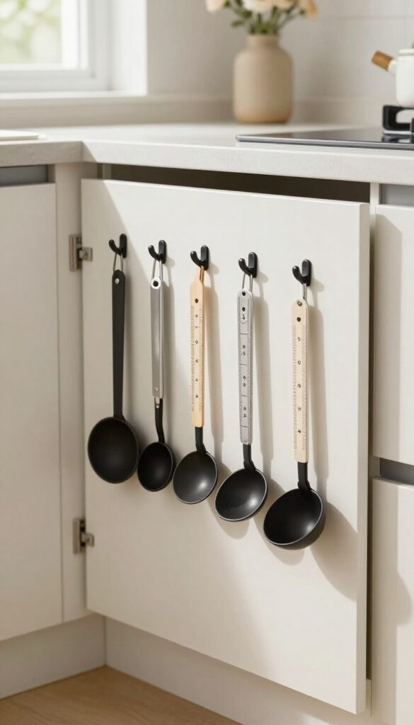Open kitchen cabinet door with pegboard inside holding measuring spoons, tongs, and oven mitt, bright natural light, clean composition.