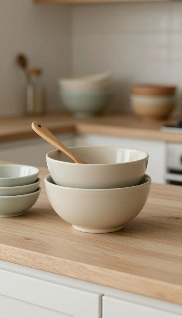 Stackable nesting bowls in earthy tones on a kitchen counter, with a wooden spoon in the largest bowl.