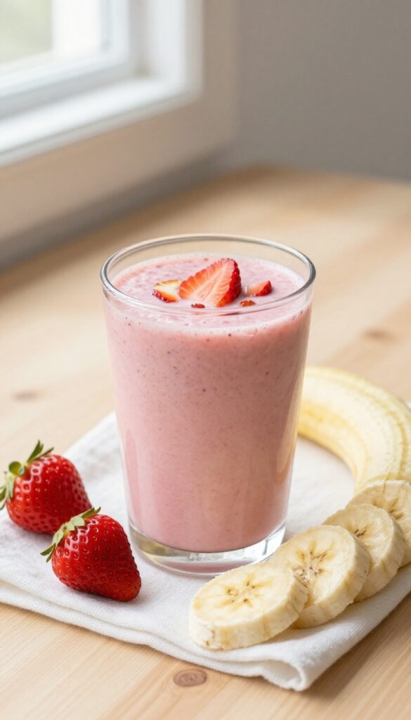 A creamy strawberry banana smoothie in a glass with fresh strawberries and banana slices on a wooden table.