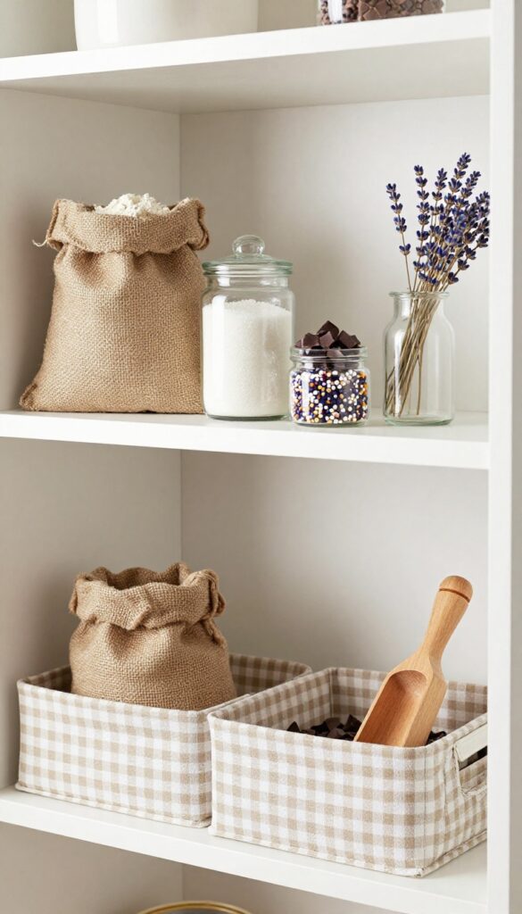 Fabric lined baskets for baking supplies on a pantry shelf with flour, sugar, sprinkles, and chocolate chips, styled with a wooden scoop and dried lavender.