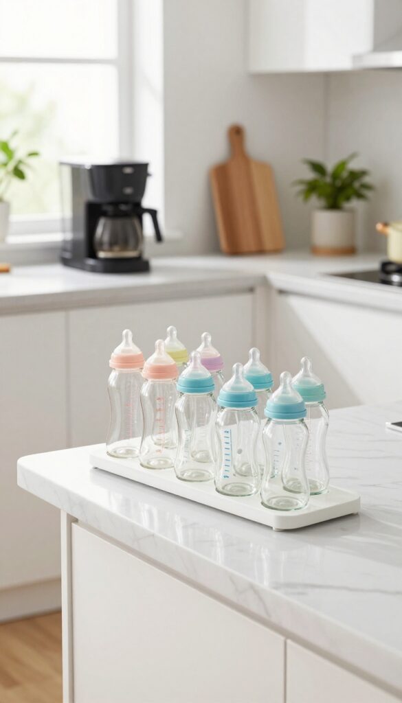 A white tiered spice rack repurposed as a baby bottle organizer on a bright kitchen counter, with bottles of different sizes neatly arranged on the staggered levels, in a light and airy kitchen.