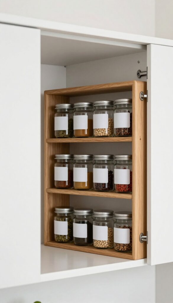Spice rack mounted inside a cabinet door with labeled glass jars, demonstrating vertical storage organization.