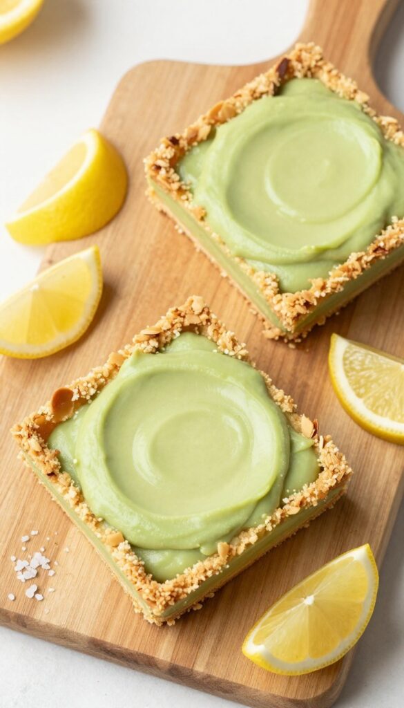 Vegan keto lemon bars with avocado filling on a wooden board with lemon slices and sea salt.