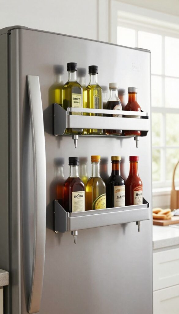 Magnetic spice rack on fridge door holding matching glass condiment bottles in a bright, clean kitchen