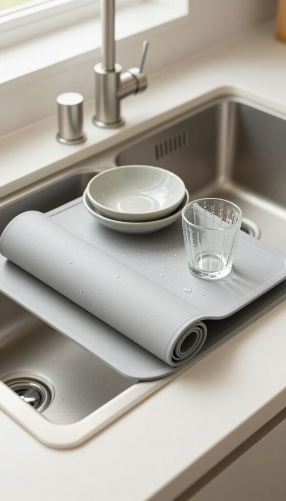 A foldable dish drying mat in warm gray laid out on a kitchen counter next to a clean sink, holding a few washed dishes and a glass, with soft natural light.