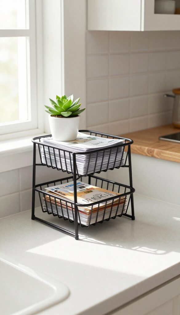 A tiered metal fruit basket used as a mail organizer on a kitchen counter, with bills, coupons, and flyers sorted by tier and a small plant on top.